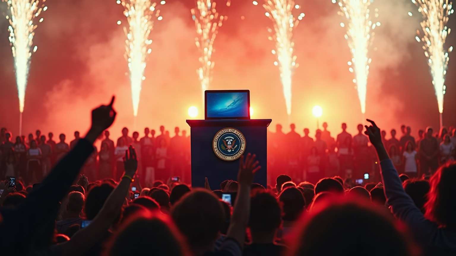 A rally stage at night under red light: a navy podium with a laptop on it, fountains of fireworks behind, the crowd with raised hands seen from behind